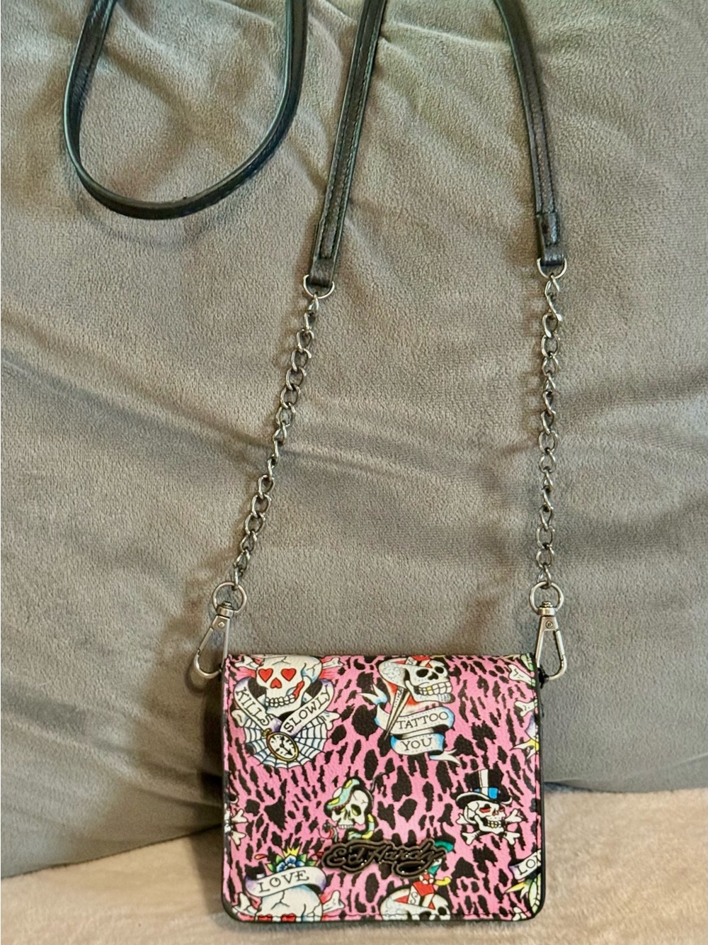 Ed Hardy Pink and Black Tattoo-Print Crossbody with Silver Chain
